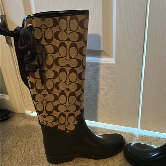 Coach Monogram Rain Boots - Black and Tan - Picture 6 of 17